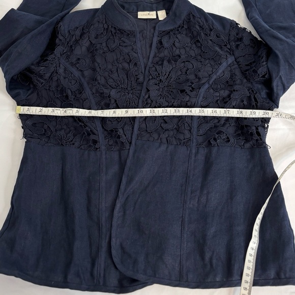 Chico's Navy Blue Linen Jacket Lace Detail size 2/large - Picture 2 of 7